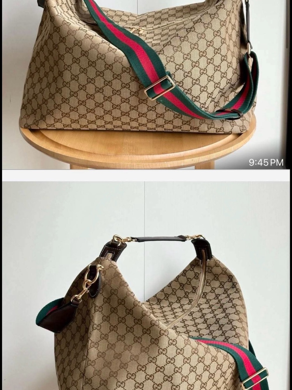Gucci Beige GG Supreme Hobo with Green-Red Web Strap